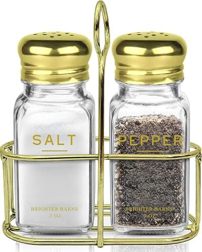 Gold Salt and Pepper Shakers Set with Holder by Brighter Barns - Luxury Kitchen Decor & Accessories - Modern Glass Shakers with Stand & Stainless Steel Lids for Neutral Home, Restaurants (Clear/Gold) - Image 1