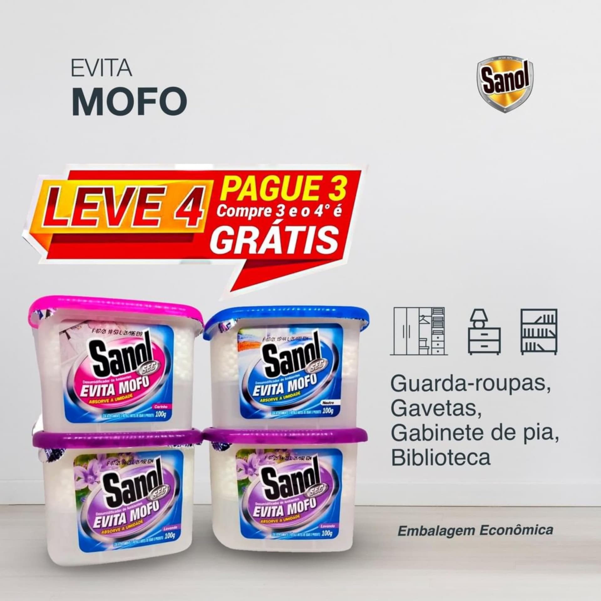 Evita Mofo Absorventes de Umidade (desumidificador), Leve 4 Pague 3 - 1 Neutro / 2 Lavanda / 1 Baby, Sanol, 4 X 100g, Colorido thumbnail 9