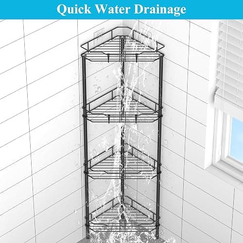 HuggieGems 4 Tier Floor Standing Corner Shower Caddy Organizer Shelf with Hooks, Bathroom Shelves Stand Rack, Black thumbnail 7