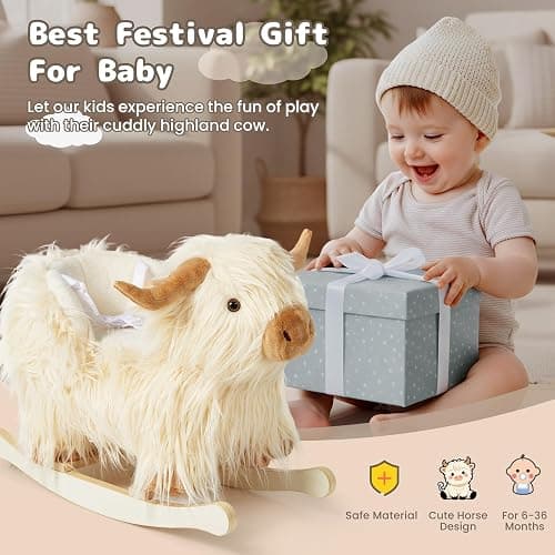 Baby Rocking Horse,Highlander Cattle Rocking Toy for 1+ Year Old Boys and Girls Rocking Horse for Kids Room Nursery Birthday Party Shower Gift Wood Animal Rocker French Design 3-Side Seat PP Cotton thumbnail 9