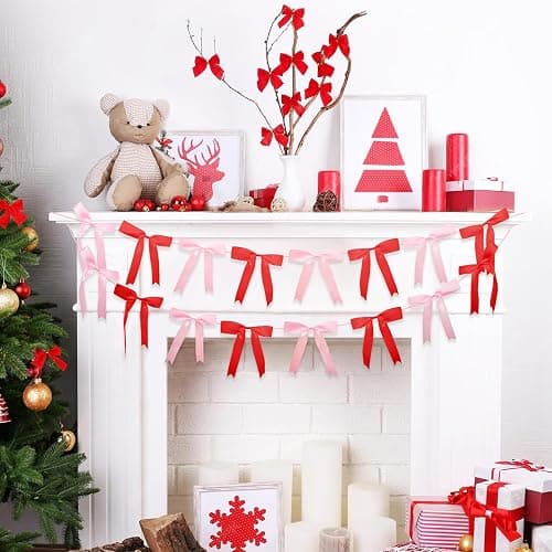 2pcs Pink & Red Bow Garland Banner, Bow Satin Ribbon Decorations for Christmas Valentine Holiday Birthday and Bridal Shower Party Decor (Red & Pink) thumbnail 2