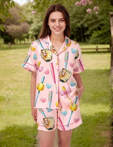 SHESHOW Pajamas for Women Set Satin Button Down Short Sleeve Top and Shorts Pjs Sets Sport Ball Print Sleepwear XS-XXL thumbnail 3