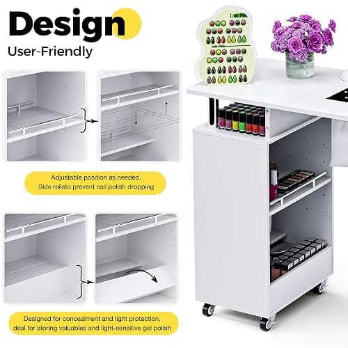 HolaiNail Manicure Table Nail Desk for Nail Tech, Acetone Resistant Beauty Salon Station with Dust Collector, Wrist Pad, Lockable Wheels, Drawer & Cabinet, White thumbnail 5