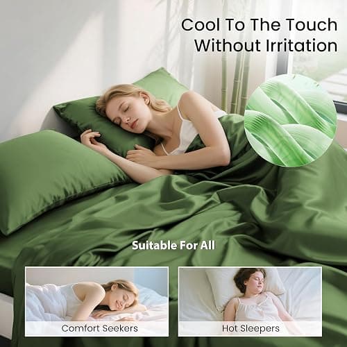 Love's cabin 4 Piece Full Size Sheet Set, 100% Rayon Derived from Bamboo, Cooling & Breathable, Soft Silky Deep Pocket up to 16", Hotel Luxury Bedding for Hot Sleepers, Olive Green thumbnail 3