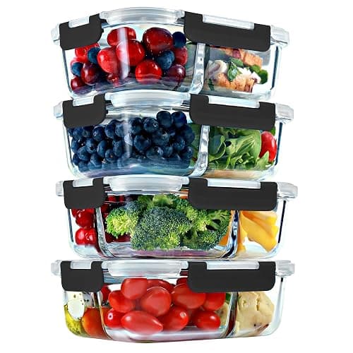FIT Strong & Healthy Glass Meal Prep Containers, 2 & 3 Compartments – 32 oz Glass Containers with Lids, Food Storage with Black Lids, Oven & Freezer Safe, Leak-Proof Bento Box Adult, 4 Pack - Image 1