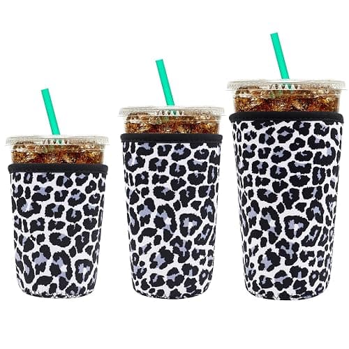 YR Reusable Neoprene Insulator Sleeve for Iced Coffee Cups, 3 Pack Coffee Coolies sleeves for Iced & Hot Drinks, Cold Beverage Cooler Compatible with Starbucks Coffee and More (Snow Leopard) - Image 1