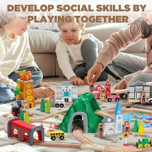 SainSmart Jr. 112-Piece Wooden Train Set for Toddler – Double-Sided Train Tracks, Compatible with Brio, Thomas, Melissa & Doug – Perfect Wood Toy for Boys and Girls thumbnail 7