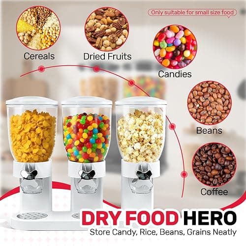 Adorabby Triple Cereal Dispenser Countertop 2L, Airtight Cereal Containers Storage, Large Capacity Total 6L for Kitchen Pantry, Rotating Dry Food Dispenser for Candy, Nut, Coffee Beans, White thumbnail 6