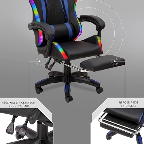 Baroni Home Chaise Gaming Ergonomique avec Coussin Lombaire, Lumières LED Réglables et Repose-Pieds Extractible, Chaise de Bureau avec Dossier Inclinable et Hauteur Réglable, Bleu, 68x66x125-133 cm thumbnail 8