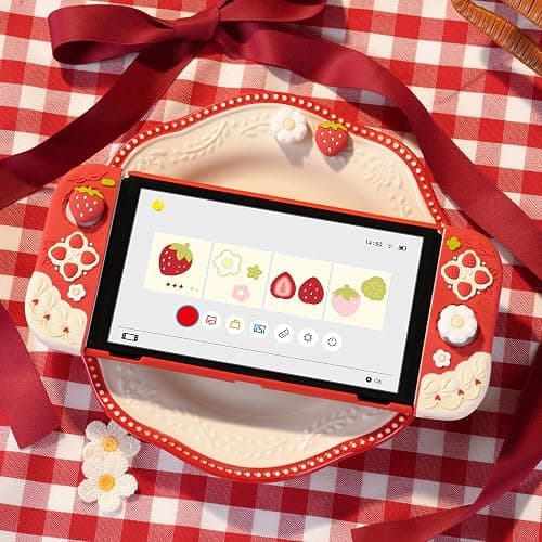 GeekShare Protective Case for Switch OLED Slim Cover Case Compatible with Switch OLED Separable Soft Silicone Protective Shell for Joystick with 2 Thumb Grip Caps - Strawberries with Cream thumbnail 4