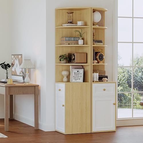 IRONCK Corner Bookshelf and Bookcase, 71" H Wooden Book Shelves 4 Tier with Drawers and Storage Cabinet for Living Room, Office, Bedroom, Oak and White thumbnail 7