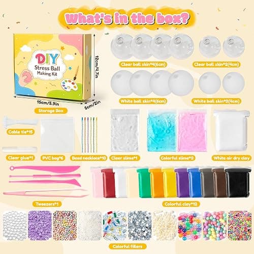 CJiangpo DIY Stress Ball Making Kit Squishy Maker Kit for Women Adults | 12 Blank Stress Skins, 12 Fillers, 12 Color Clay, Storage Box, ASMR Sensory Stress Relief Toy, Make Pressure Ball Gift thumbnail 2