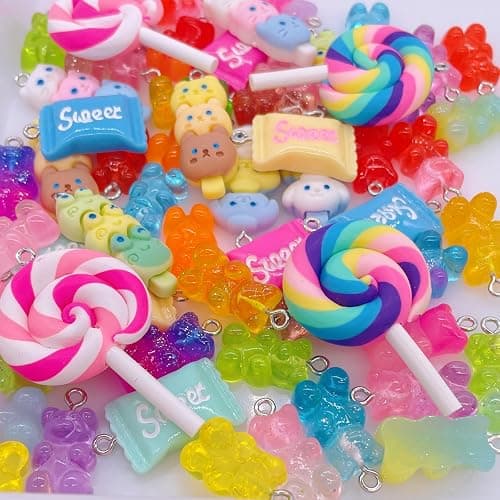 Bulk Assorted Candy Pendant,Grandient 3D Gummy bear Charms for Jewelry Necklace Earrings Bracelet Art Craft Project Making (70pcs with hole) thumbnail 2