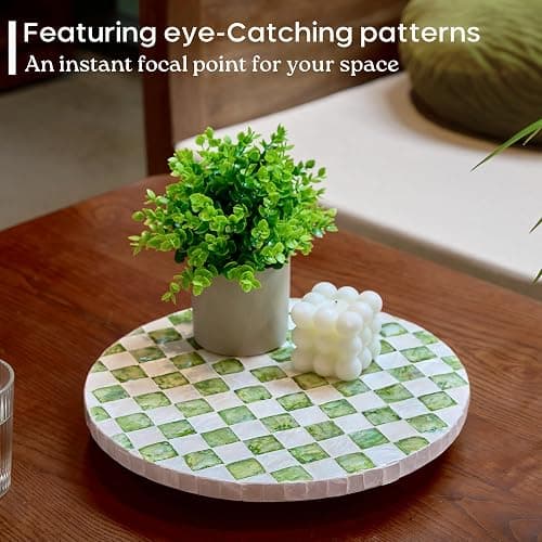CHI AN HOME 12" Checkered Lazy Susan for Tabletop, Handcrafted Mother of Pearl Turntable Organizer for Kitchen Counter, Coffee Table, Bathroom, Dining or Organizing (Pistachio Green) thumbnail 6