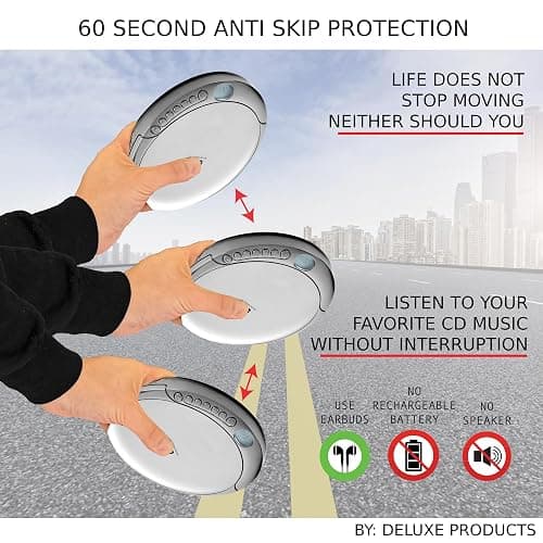 Deluxe Products CD Player Portable with 60 Second Anti Skip, Stereo Earbuds, Includes Aux in Cable and AC USB Power Cable for use at Home or in Car. Silver thumbnail 5