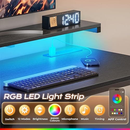 PRAISUN 47.2 Inch Gaming Desk with LED Lights & Power Outlets | Computer Desk with Drawer & Storage Shelves, Office Writing Desk with Monitor Stand for Work from Home, Black thumbnail 6