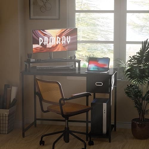 Pamray 39 Inch Computer Desk with Monitor Stand Small Home Office Desks with Non-Woven Storage Drawer for Bedroom Study Table Writing and Work Desk Black thumbnail 4