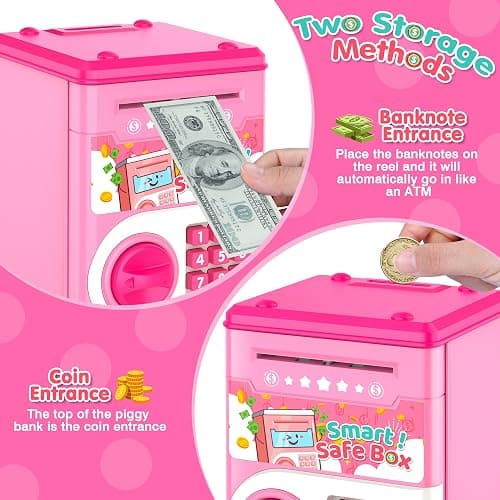 Pink Piggy Bank for Kids with Password Code Lock and Auto Grab Bill Slot, PhilaeEC Real Money Cash Coin Can Saving Box Electronic Money Safe Bank, Hot Gift for 4 7 8 9 10 11 Year Old Boys Girls thumbnail 6