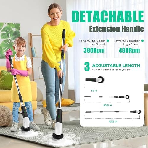 YKYI Electric Spin Scrubber, Cordless Power Scrubber Cleaning Tool with 8 Replaceable Heads and Extension Handle for Bathroom, Tub, Tile, Floor, Grout and Car (White) thumbnail 2
