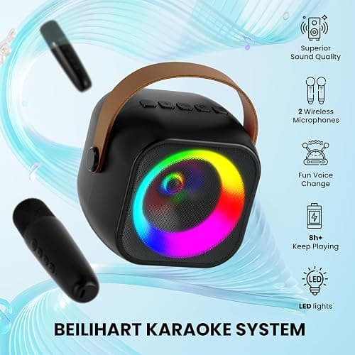 Mini Karaoke Machine, Portable Bluetooth Karaoke Speaker with 2 Wireless Microphones and Party Lights for Kids and Adults, Birthday Gifts for Girls Boys Family Home Party thumbnail 7