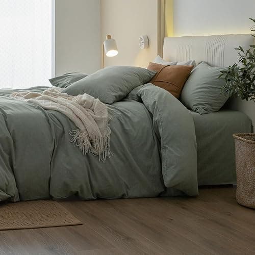 JIYUAN Queen Size Duvet Cover Set, 3-Piece - 100% Washed Cotton, Linen-Like Soft & Breathable with Zipper Closure, Includes 90x90 Inch Cover & 2 Pillowcases, Heathered Green thumbnail 3