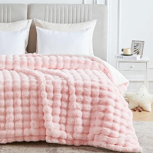 Serenhom 60"x80" Ultra-Soft Fuzzy Faux Fur Twin Blanket, Bubble Pink | Thick & Warm Sherpa, Plush & Fluffy Rabbit Bubble Texture for Couch, Bed, Sofa, Chair, Bedroom, Camping, Comfort, Cozy Gifts thumbnail 6