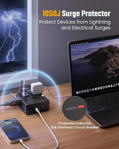10Ft Extension Cord with Multiple Outlets, Flat Plug Power Strip Surge Protector with 10 Ft Long Cord, 8 Outlet 4 USB Ports (2 USB C), Multi Outlet Wall Plug for Office, College, Dorm Room Essentials thumbnail 5