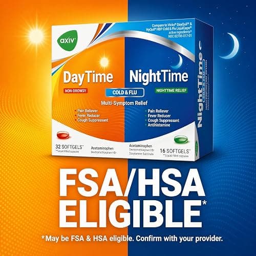AXIV Day & Night Cold & Flu Medicine Combo Pack Softgels, Daytime & Nighttime Relief for Headache, Fever, Sore Throat, Minor Aches & Pains, & Cough, 48 Softgels thumbnail 6