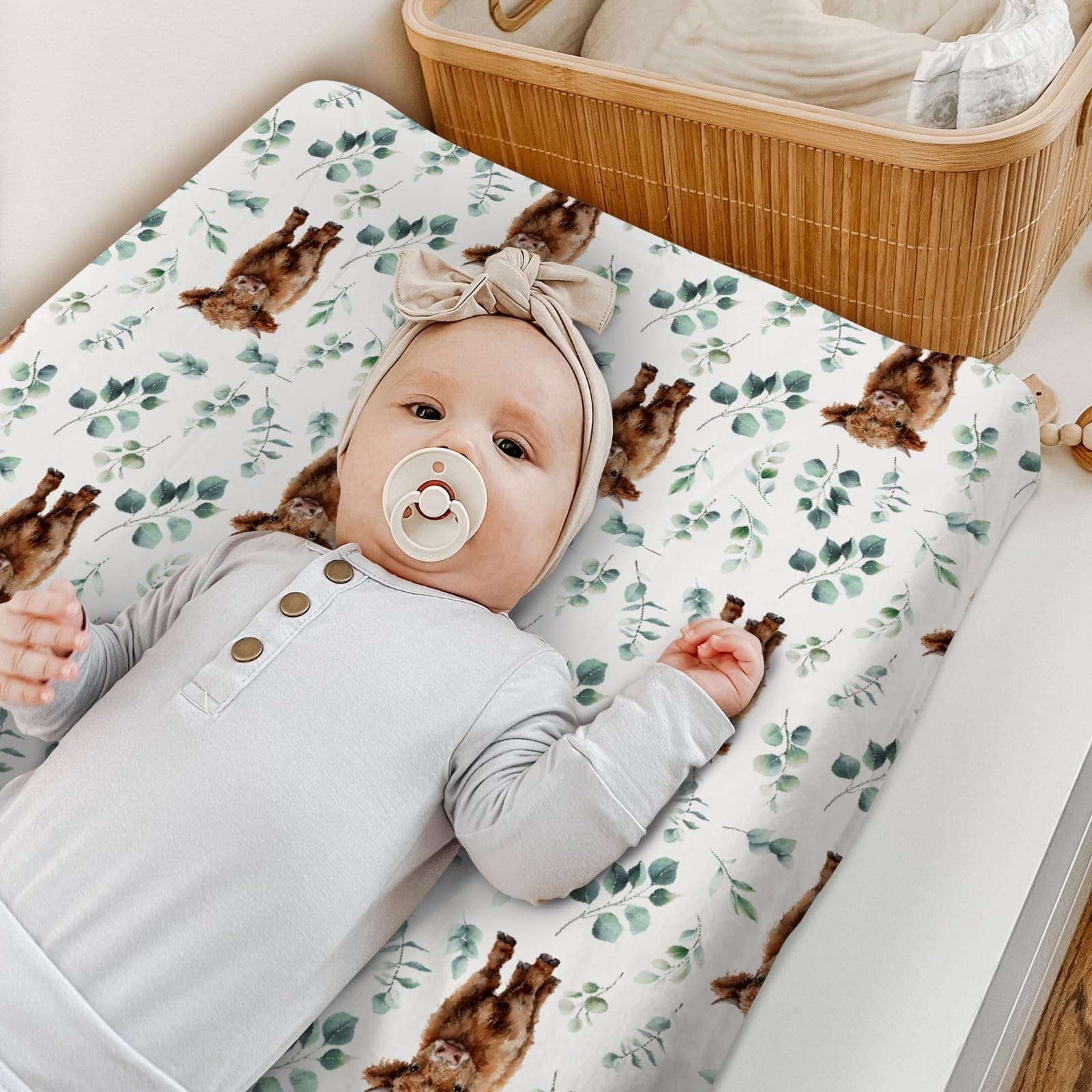 HawSkgFub Highland Cow Eucalyptus Leaf Changing Pad Cover for Baby Girl Boy, Natural Western Farm Animal Diaper Change Table Covers, Soft Stretchy Safe Snug Fitted Changing Mat Sheet Fit 32"/34" x 16" thumbnail 6