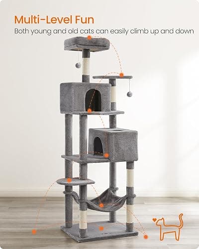 Feandrea Cat Tree, 73.2-Inch Tall Cat Tower, Plush Multi-Level Condo with 5 Scratching Posts, 2 Perches, 2 Caves, Hammock, 2 Pompoms, Light Gray UPCT191W01 thumbnail 3