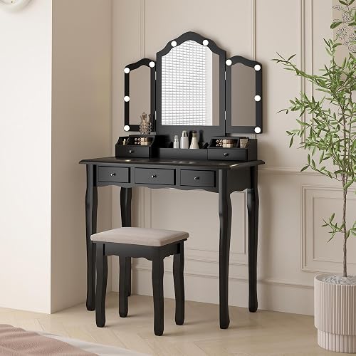 NEDYO Vanity Table, Vintage Vanity Desk with Mirror and Lights, Tri-Fold Mirror Small Makeup Vanity with Chair, Vanity Set for Bedroom and Small Spaces. Carbon Black - Image 1