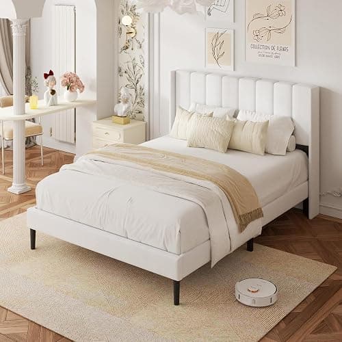 HAOARA Queen Size Velvet Bed Frame with Vertical Chanel Tufted Headboard and Wingback, Upholstered Platform Bed, No Box Spring Needed, Strong Wooden Slats, White thumbnail 9
