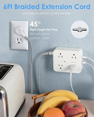 6Ft Surge Protector Power Strip with USB C, HANYCONY Extension Cord with 8 Outlets(2.2 IN) 4 USB Ports(2 USB C), Flat Plug, Wall Mount, 3 Side Outlet Extender for Home Dorm Room Essentials, ETL Listed thumbnail 7