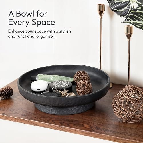 Granite Inspired Matte Black Fruit Bowl | Wide, Shallow Textured Pedestal Bowl | 11 Inch Unique Centerpiece for Table or Decor for Entryway Table thumbnail 6