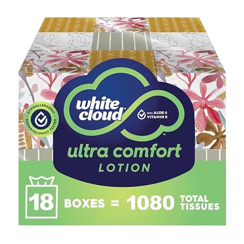 White Cloud Ultra Comfort Lotion 3-Ply Facial Tissue with Aloe & Vitamin E, 18 Box Multipack, 60 Tissues Per Box - Image 1