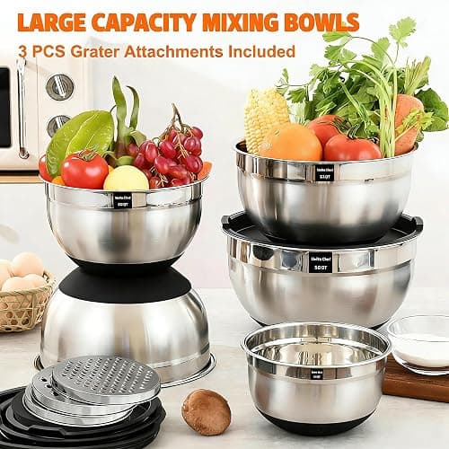 Umite Chef Mixing Bowls with Airtight Lids, 26Pcs Stainless Steel Bowls Set, 3 Grater Attachments & Black Non-Slip Bottoms Size 7, 4, 2.5, 2.0,1.5, 1QT, Great for Mixing & Serving thumbnail 2