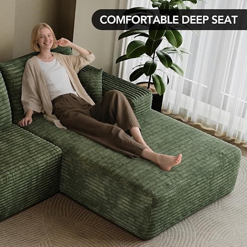 inoevl 107.7" Boneless Sectional Couch Modern Modular U - Shape Corduroy Upholstered Sofa for Living Room - Deep Seat with Chaise and Ottoman(Green, 2 Seater+Right Facing Chaise+Ottoman) thumbnail 8