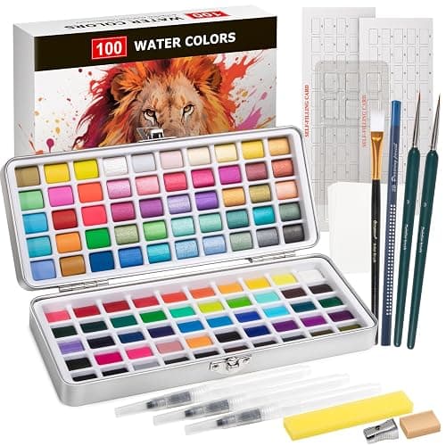 Watercolor Paint Set 100 Colors botkc Travel Water Colors kit with 7 Brushes 8 Watercolor papers Palette set Including Metallic and Accessories Art Supplies Gifts for Kids Artists Teens Adults and Hobbyists - Image 1