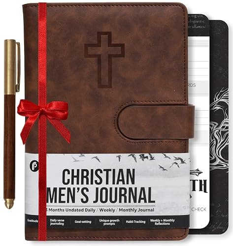 Prazoli Leather Christian Bible Prayer Journal For Men - Study Scripture Notebook & Planner Daily Devotional Undated | Religious Jesus Faith Gifts for Graduation, Pastor Baptism & Church, Cross - Image 1