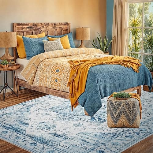 YOFOLY Washable 5x7 Area Rug - Living Room Large Rug Stain Resistant Carpet Vintage Carpet Bedroom Non-Slip Backing Home Decor Floor Decor Mat,Light Blue thumbnail 5