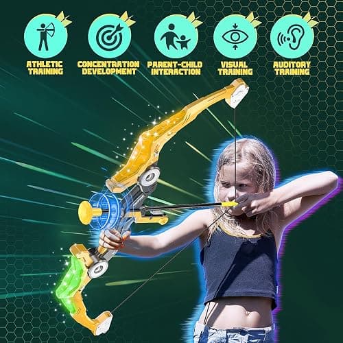 2 Packed Kids Bow and Arrow Set with Sound Effects & LED Flash Lights Achery Set, Indoor Outdoor Toys for Ages 4-8 8-12, Birthday Gifts for 3 4 5 6 7 8 9 10 11 12 Year Old Boys Girls Children, Yellow thumbnail 4