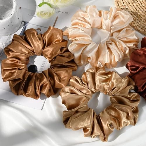CEELGON Large Silk Satin Scrunchies for Women Big Scrunchies Jumbo Satin Hair Ties Oversized Hair Scrunchies for Thick Curly Hair Pack of 6 (Black,Champagne,Brown,Gold) thumbnail 4