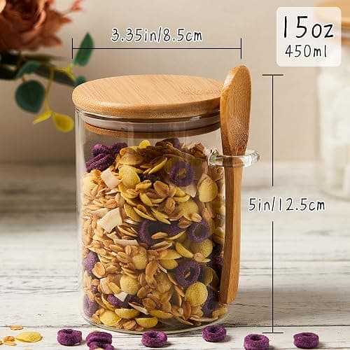 Glass Sugar Container with Spoon - 2 Pack 15oz Glass Jars with Bamboo Lid and Spoon, Bamboo Lid Storage Jar Canister for Coffee Beans, Spice, Brown Sugar, Tea, Flour, Nuts, Candy, Salts and More thumbnail 2