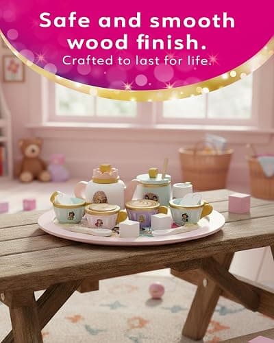 Disney Princess Wooden Tea Set – Pretend Play Tea Party Toy for Kids – Includes Teapot, Cups, Saucers, Spoons & Tray – Imaginative Role Play Set for Girls & Boys – Ages 3+, Pink thumbnail 3