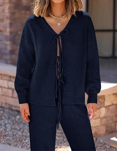 ZESICA Women's 2 Piece Outfits 2026 Fall Lounge Pajama Sets | Long Sleeve Cardigans, Wide Leg Pants, Tie Front, Matching Winter Clothes, Comfy Airport Travel Sweater Outfits thumbnail 4