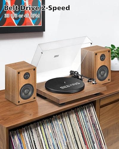 Record Player Vinyl Bluetooth Turntable with 36 Watt Stereo Bookshelf Speakers, Hi-Fi System with Magnetic Cartridge, USB Recording and Auto Stop thumbnail 6