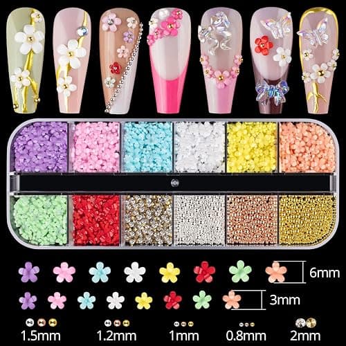 Viojrlly 4 Box Bügelperlen 3D-Nagelkunst-Dekorationen Blumenform Nagel Anhänger, Gold-Silber-Kaviar-Metallperlen Charm Strass-Dekorationszubehör Pastell-Acrylblume für Nagelkunst thumbnail 4