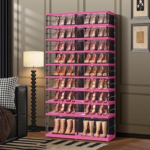CIMLORD 9-Tier Foldable Shoe Rack for Closet Entryway 18-36Pairs, Stackable Clear Shoe Storage Boxes Organizer With Door Plastic Shoe Cabinet Bins with Lids Shoes Shelf Easy Assembly Large（Black-pink） thumbnail 7
