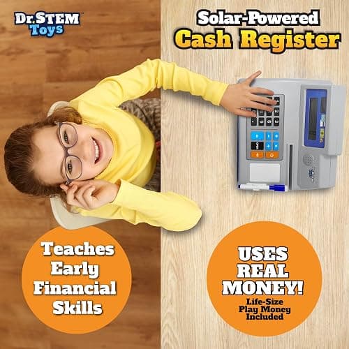 Dr. STEM Toys Solar Powered Calculator Pretend Cash Register with Play Money – 67-Piece Set for Learning Math Skills, STEM Cash Register for Kids (Gray) thumbnail 4