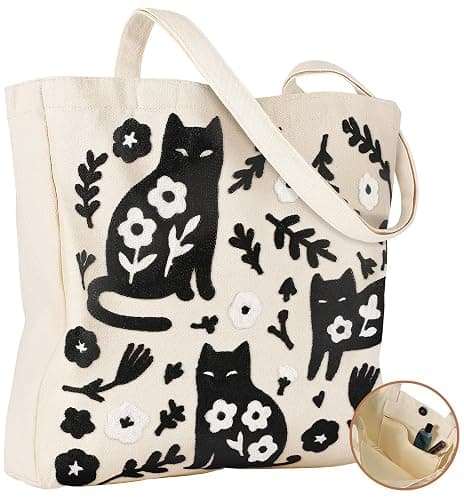 Miss Adola Embroidery Canvas Tote Bag for Women - Reusable Totes with Pocket & Buckle Aesthetic Cute Grocery Shoulder Bag - Image 1